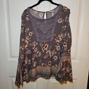 Women's Knox Rose Grey Floral Cold Shoulder Bell Sleeve Fairy Blouse Large
